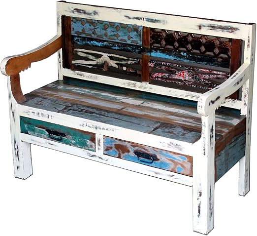 Loft24 A/S Indische Sitzbank Bank Holzbank Massiv Holz Mehrfarbig