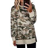 ECOWISH Women Side Split Sweatshirt: Fall Crewneck Long Sleeve Oversized Camo Shirts Casual Camouflage Print Pullover Tops