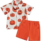 Toddler Baby Boy Halloween Outfit Pumpkin Head Short Sleeve Shirt Halloween Clothing Summer Orange Shorts Set