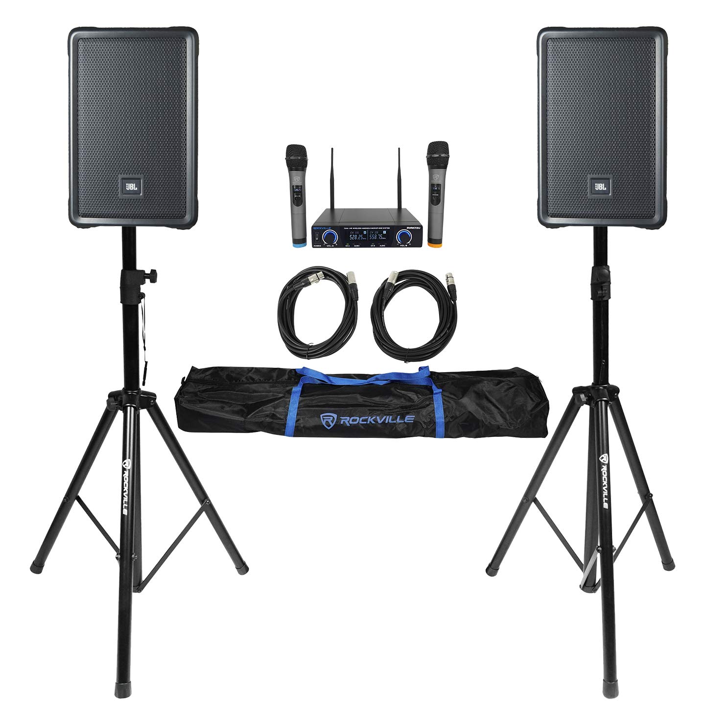 2 JBL IRX112BT 12" 1300w Powered DJ Portable PA Speakers w/Bluetooth+Stands+Mics
