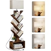 Evermagin 6 Tier Tree Bookshelf with Light, Bookcase, Rustic Brown | Narrow Tower Design, Storage Cabinet for Book Organization, Tall Floor Standing Use, Living Room, Bedroom and Home Office