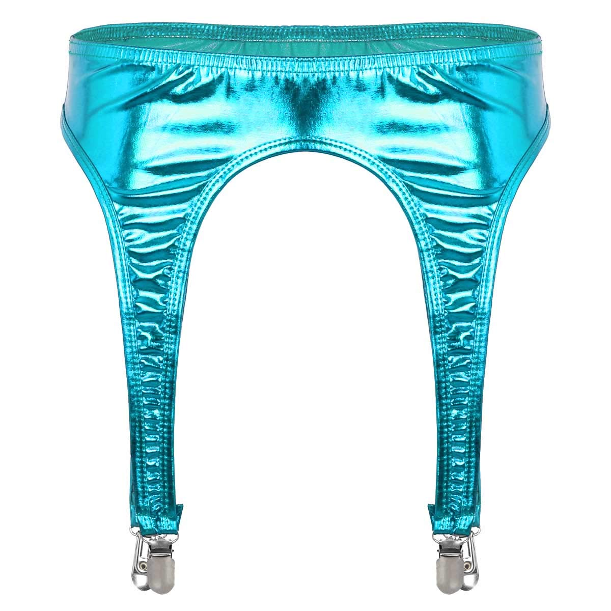 dPois Women's Shiny Metallic High-waisted Sock Garter Belt Holder Fastener Suspender G-String Light Blue One Size