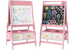 Qaba Art Easel for Kids, 3-in-1 Double-Sided Kids Easel with Paper Roll, Whiteboard & Chalkboard, 2 Storage Boxes, Gift for B
