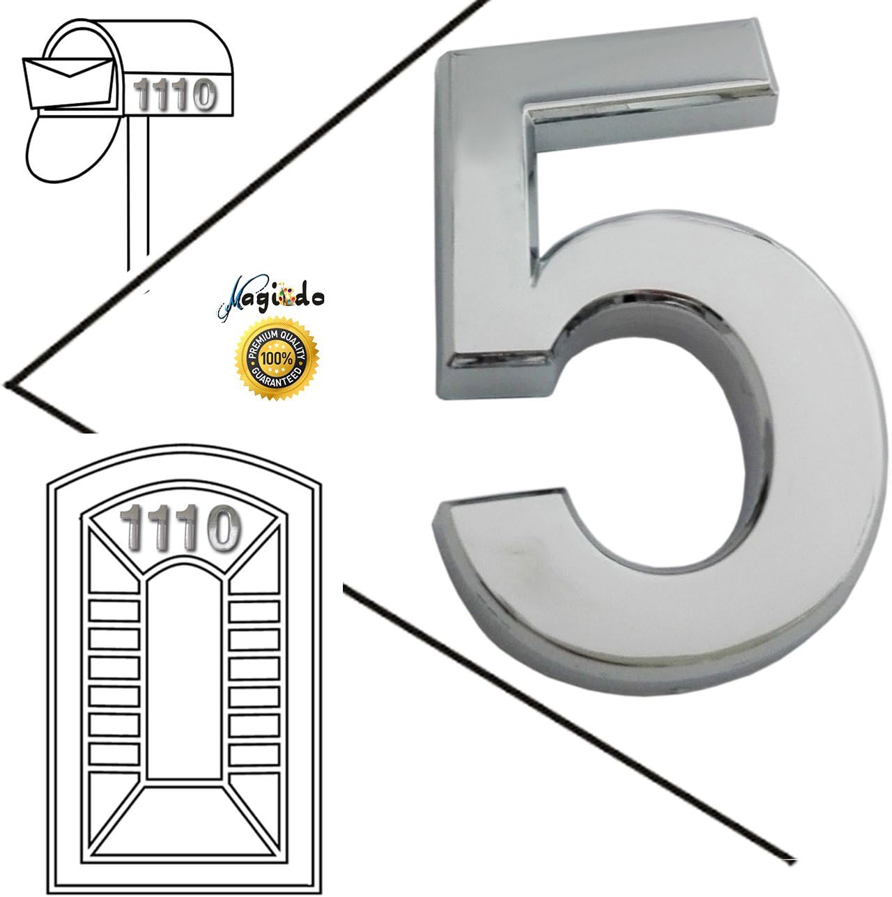 Magicdo® 3/pack 2-3/4’’ Silver Modern House Numbers, Modern Mailbox Number Sticker, 3D Shining Reflective Number, Self-Stick Number, Floating Appearance Number, Silver House Number Signs(5)
