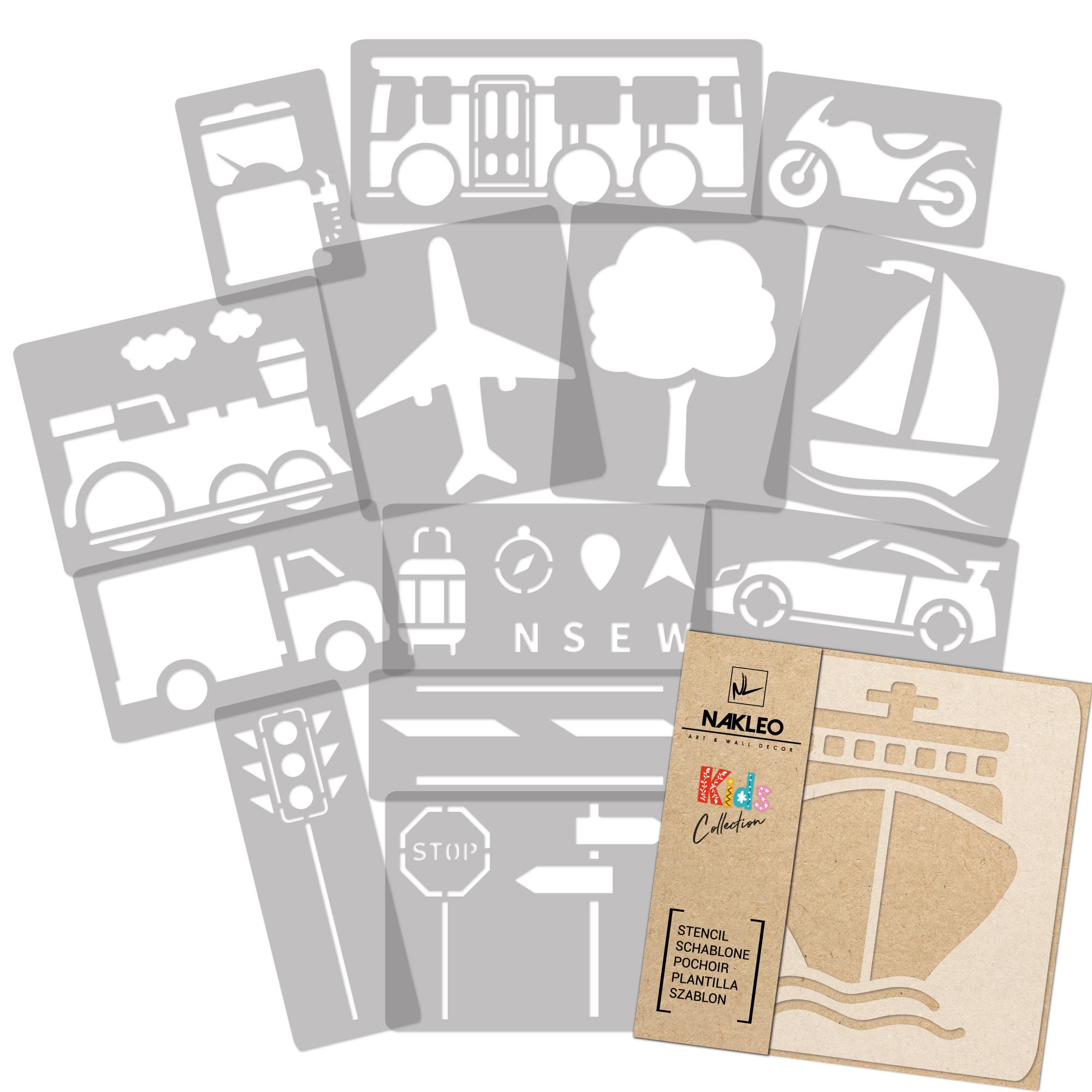 NAKLEO Painting Stencils Set for Kids, 14 Pcs Templates 9x12 to 23x34cm Transport Cars, Plastic and Reusable Drawing Stencils, Children Room Decor, Craft DIY Wall Furniture