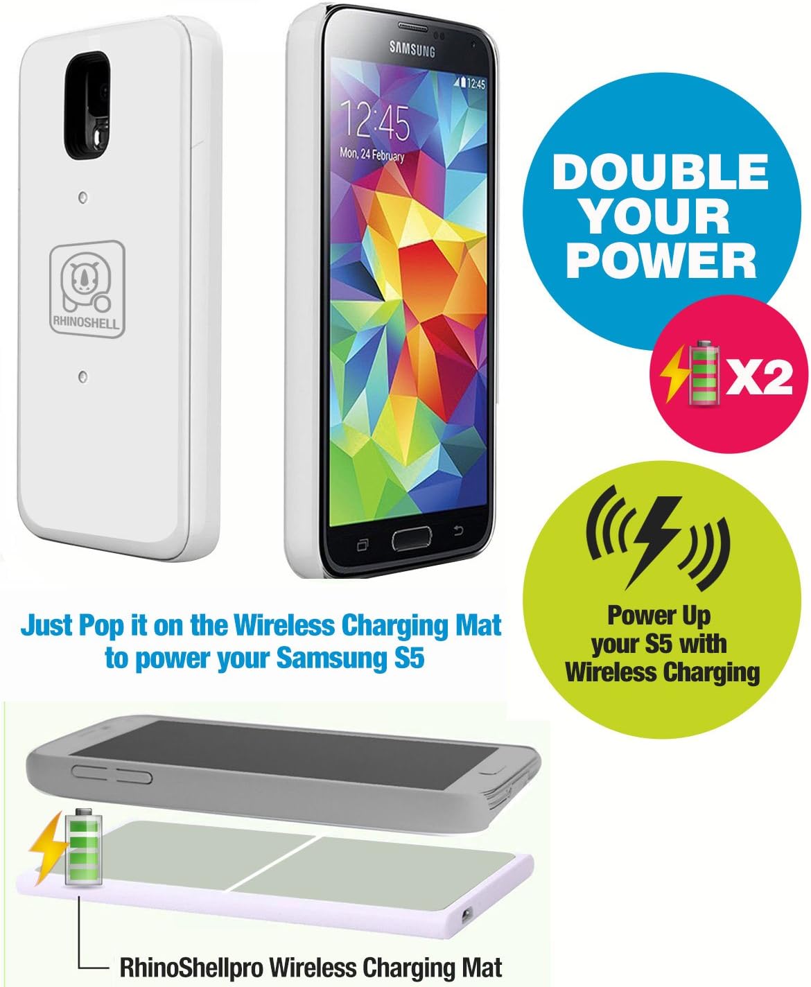 MEGA DEAL!! only $34.99 !! Samsung Galaxy S5 WIRELESS BATTERY CASE and Charging Mat. A Protective External Battery Case that will Double the Power time of your Samsung Galaxy S5. With a 2400 mAh high capacity charge (White). Buy Now!! From RhinoShellpro