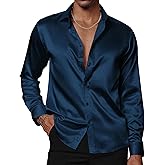 PJ PAUL JONES Men's Shiny Satin Dress Shirts Long Sleeve Button Down Silk Shirt with Bow Tie