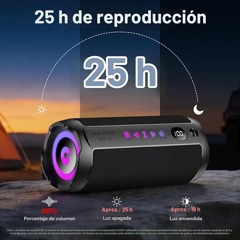 Altavoz Bluetooth Portátil 25W, Potente Altavoz Bluetooth, Altavoces Graves Duales, 25H Reproducción, IPX7, RGB, Emparejamiento TWS, AUX, TF, USB, Ideal Para Actividades Aire Libre, Fiestas,Viajes.