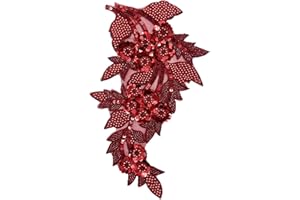 SAIXCCS 1pc Large Flower Rhinestone Applique Maroon, Embroidery Sequin Patches for Clothes,Beaded Lace Applique for Wedding Bridal Dress Bodice Hat Sewing Craft for Girl Embellishment(Burgundy)