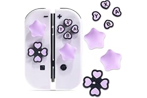 Jusy Cross D-Pad Button Caps Thumb Grips Set, Compatible with Nintendo Switch/OLED/Lite, Cute Star 3D Soft Silicone ABXY Buttons Sticker Joystick Cover Caps, Black/Purple