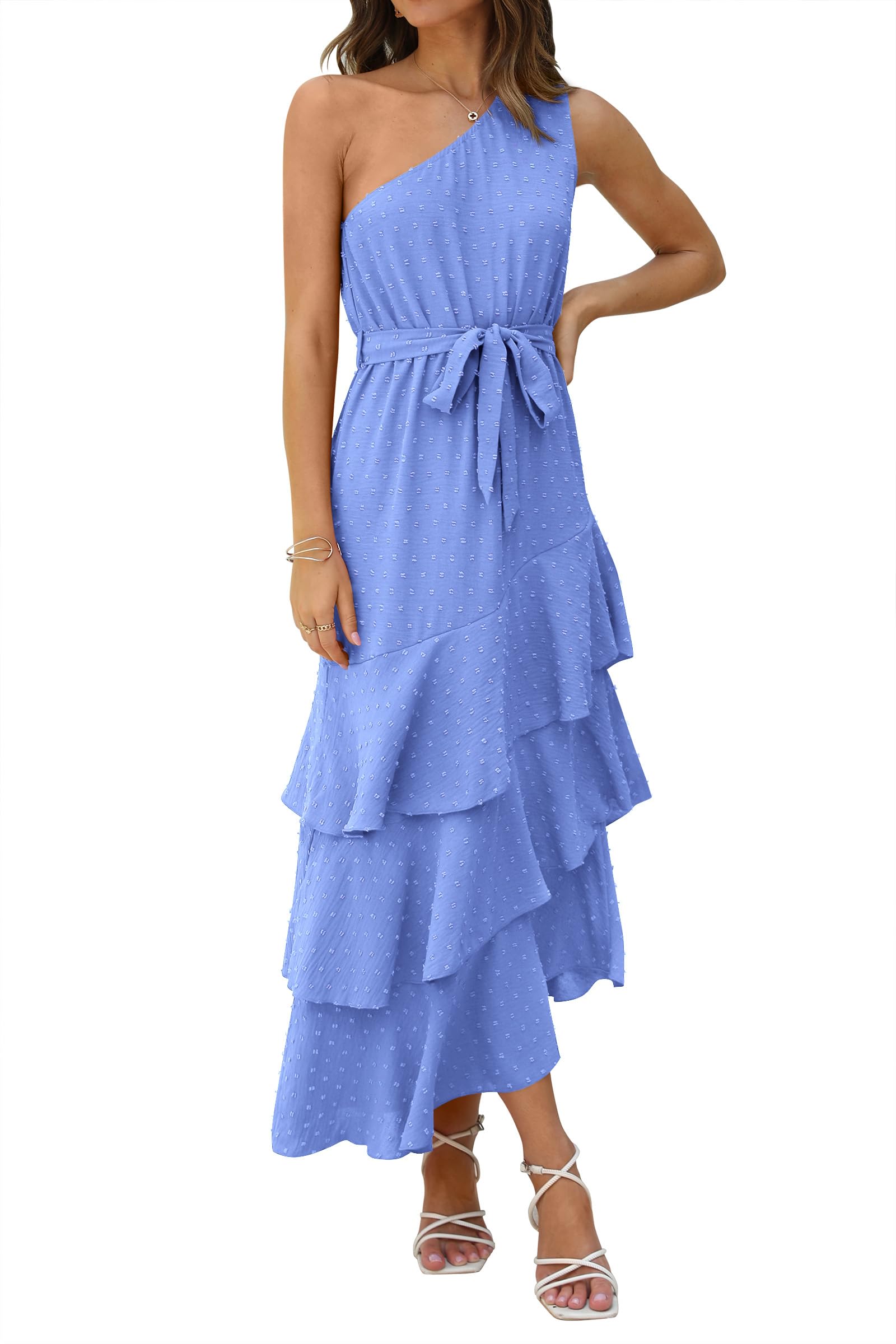 Photo 1 of PRETTYGARDEN Women's Summer Floral Sundress Casual One Shoulder Tiered Ruffle Flowy Midi Beach Boho Dresses (Swiss Dot Blue,X-Large)
