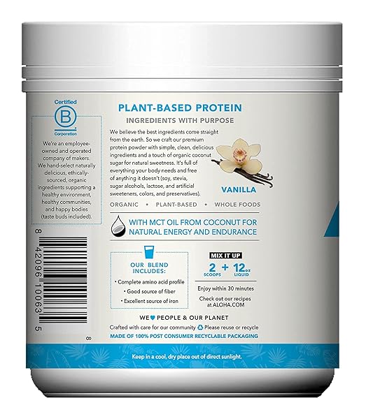 ALOHA ORGANIC PLANT BASED PROTEIN POWDER, STEVIA FREE, VANILLA, 19.6 OZ, 15 SERVINGS PACKAGING MAY VARY