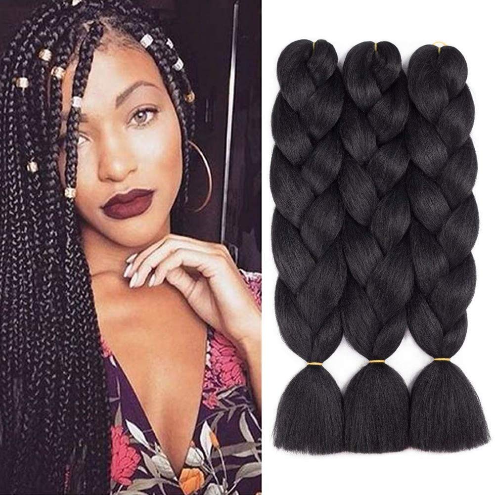FANWYFYU Braiding Hair Kanekalon, 3Pack/Lot Ombre Braiding Hair Extensions High Temperature Synthetic 24inch Pre Stretched Braiding Hair (black)