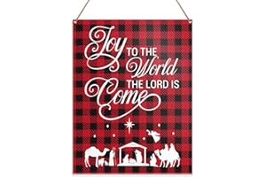 THOQII Christmas Wall Decor, Christmas Religious Decorations Hanging Sign for Home Door Kitchen Living Room Buffalo Plaid Holiday Winter Decor Christian Xmas Wooden Plaque, Joy to The World The Lord Is Come