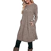 OFEEFAN Fall and Winter Tunic Dress with Pockets Long Sleeve Crew Neck Buttons Side