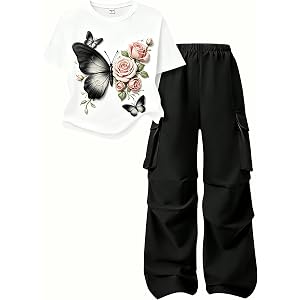 Yoxiliya Tween Girls Cute Clothes Butterfly & Rose Printed Top + Trendy Cargo Pants Set 7-14 Years