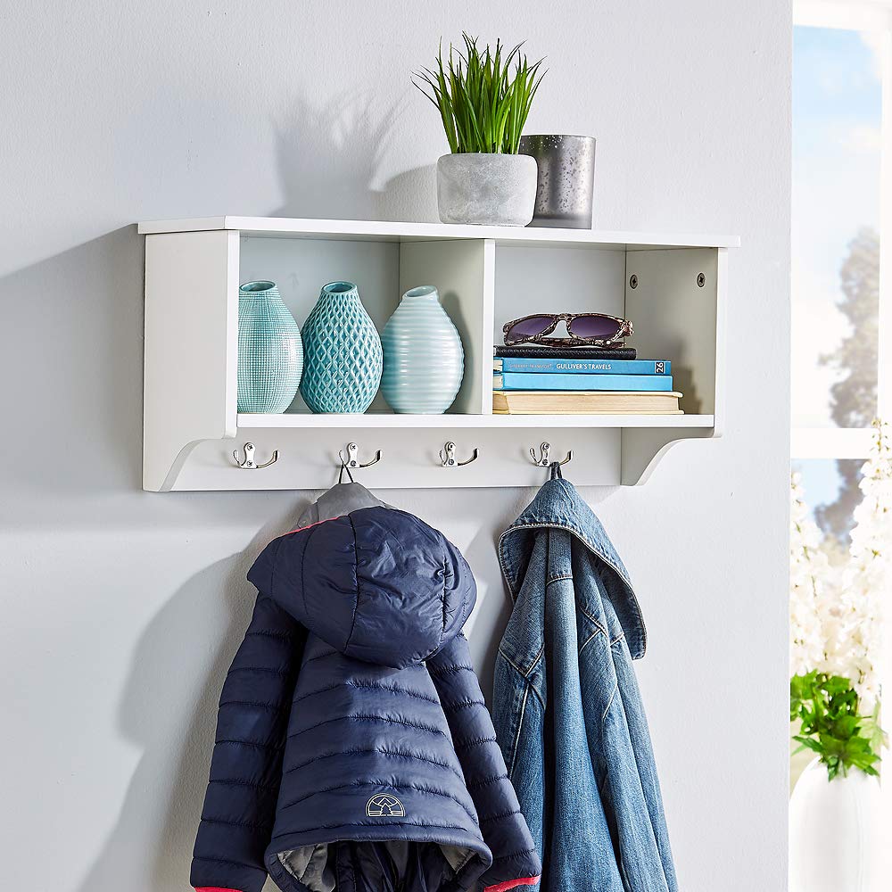 Home Source Wall Mounted Coat Rack, 4 Hook Coat Robe Hanging Unit with Storage Shelves Bathroom Hallway, White