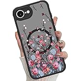 MOWIME Magnetic Floral for iPhone 16e Case [Compatible with MagSafe] Cute Aesthetic Fashion Flower Translucent Matte Hard Back Shockproof Anti-Scratch Phone Case-Red Flower