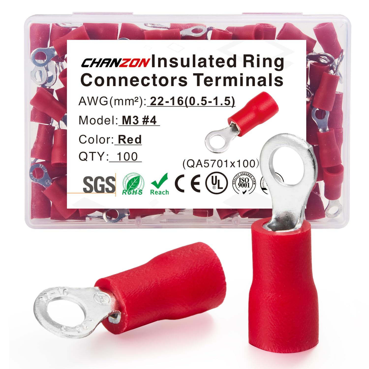 Chanzon 100pcs - #4 M3 - Ring Terminals 22-16AWG UL