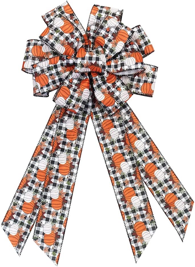 Bows & Ribbons - Hying Large Fall Bows for Wreath, Thanksgiving Pumpkin Wreath Bows White Black Buffalo Plaid Bows Orange Burlap Tree Topper Bows for Front Door Autumn Thanksgiving Decorations Supplies