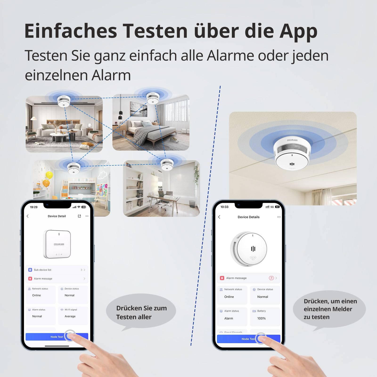 Rauchmelder Vernetzter mit Basisstation, Smart Home Brandmelder, WLAN-App-Steuerung, 10 Jahre Batterie Feuermelder (5*rauchmelder+1*Gateway) 5