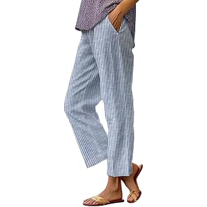 SGYCNGU Linen Pants Women Striped Elastic Waist Summer Boho Beach Vacation Pant Lightweight Cropped Straight Leg Sweatpant