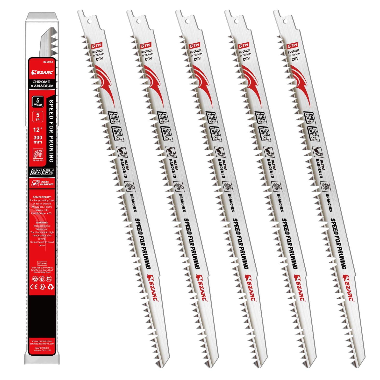 EZARC Wood Pruning Reciprocating Saw Blade 300mm, Fleam Ground Teeth Pruning Saw Blades for Tree Trimming, Wet Wood Cutting, 5 Pieces