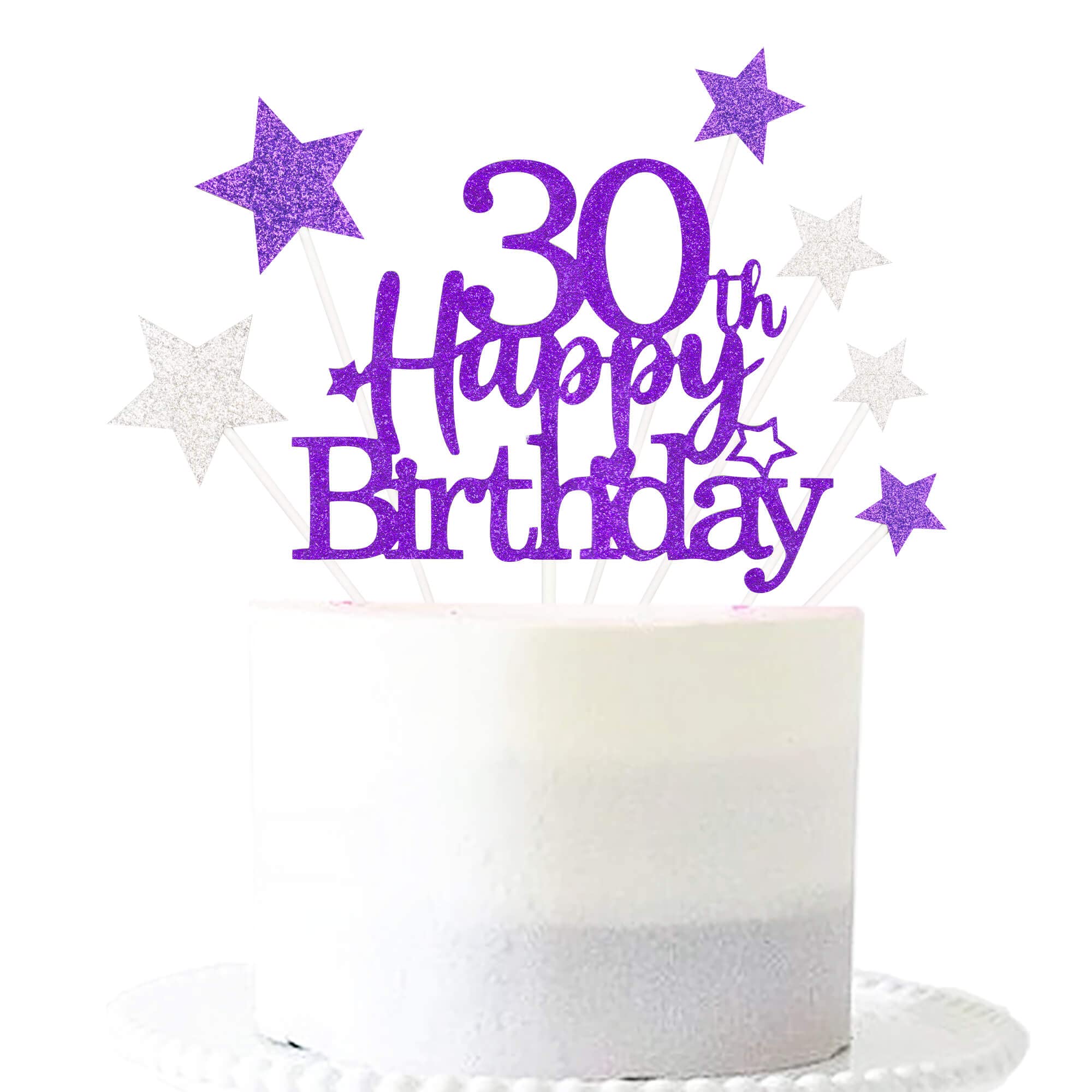 Glittery 30th Happy Birthday Cake Topper with Star,Personalised 30 Birthday Cake Toppers Party Decorations Party Supplies for Men Women Purple Silver