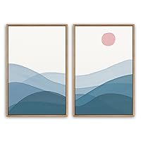 SIGNWIN Framed Canvas Print Wall Art Navy Blue Mountains with Pink Sun Landscape Wilderness Illustrations Abstract Modern Relax/Calm for Living Room, Bedroom, Office - 16
