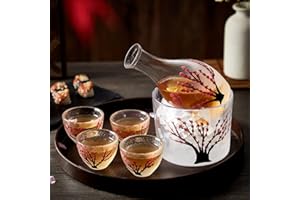 DUJUST Japanese Sake Set for 4, Handcraft Pink Cherry Blossoms Design, 1 Bottle, 1 Tank and 4 Cups, Cold/Warm/Hot Sake Carafe