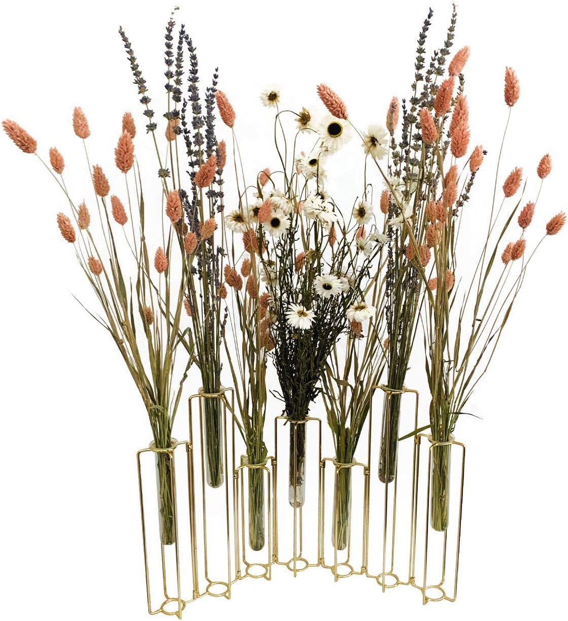 Lollici Gold Metal Flower Vase with 7 x Glass Test Tubes - Linked together as one vase