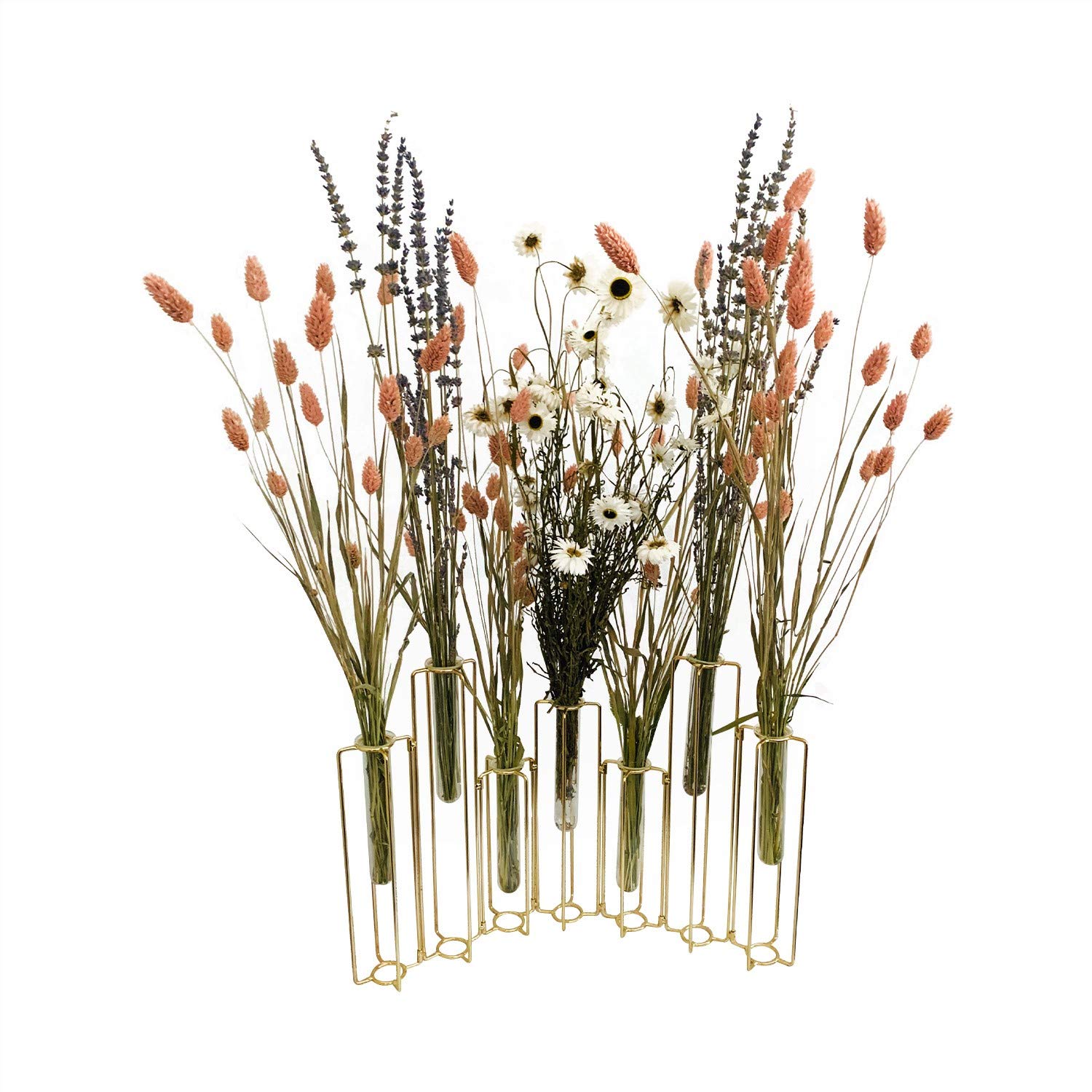 Lollici Gold Metal Flower Vase with 7 x Glass Test Tubes - Linked together as one vase | use with Fresh Flowers or Artificial Flowers | 7 piece set Designs