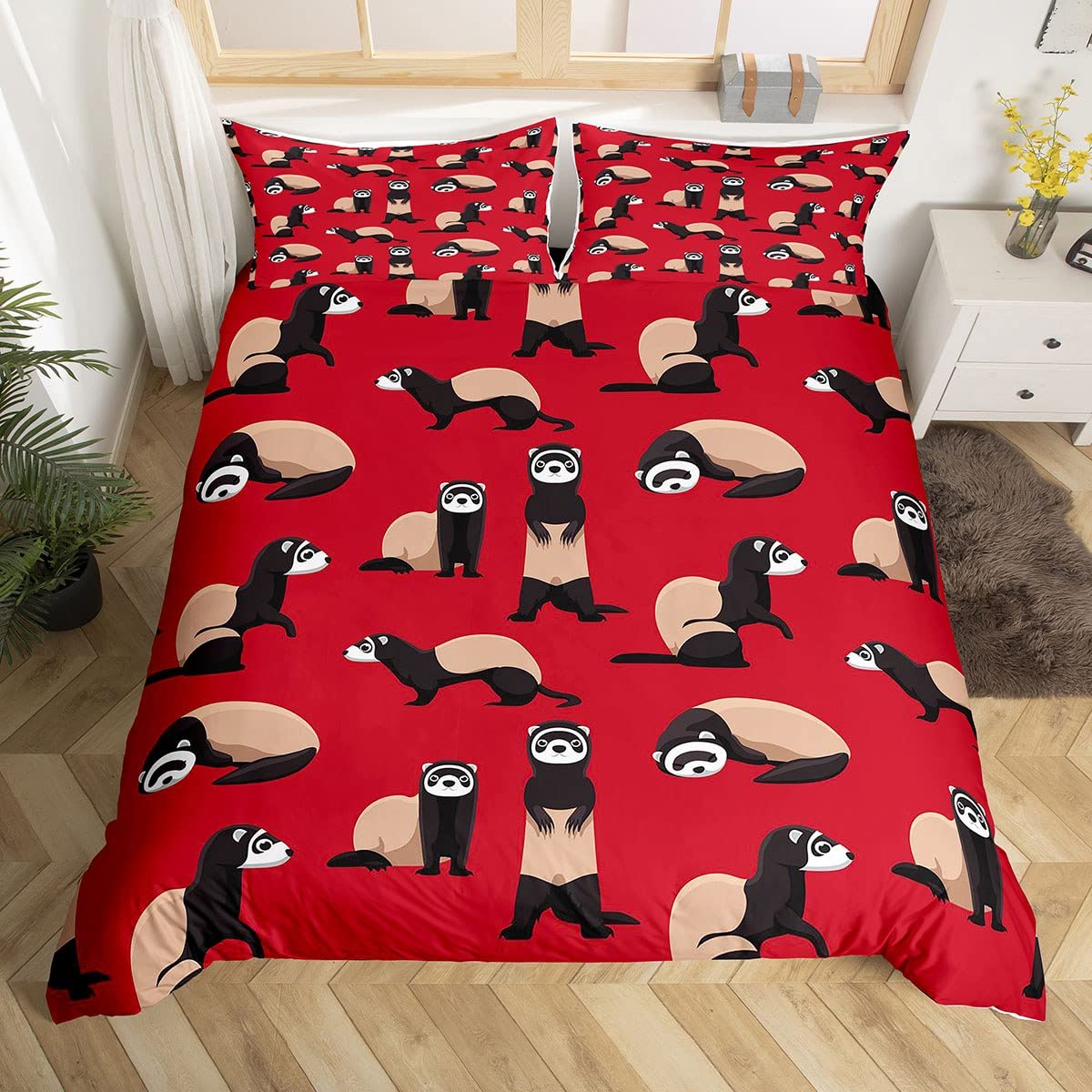 Homemissing Ferret Duvet Cover Set Cute Ferret Animal Bedding Set for Kids Boys Girls Pet Design Comforter Cover Lovely Animals Red Quilt Cover 3Pcs Double Size