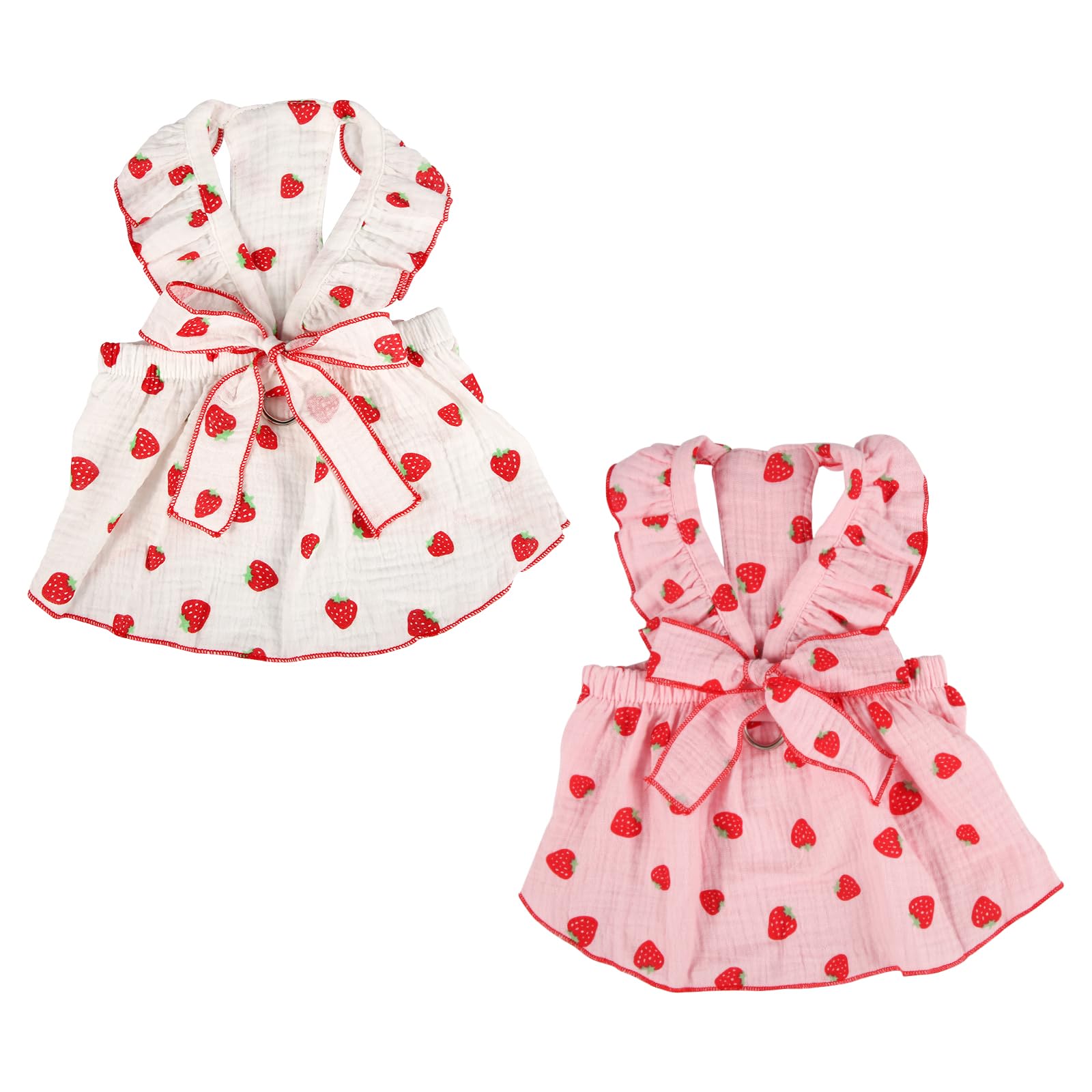 Mikovivi 2pcs Girl Dog Dresses, Strawberry Printed Bow Decoration Girl Puppy Clothes Summer Cute Kitten Skirts Pet Dresses for Small Medium Large Dog And Cat (S)