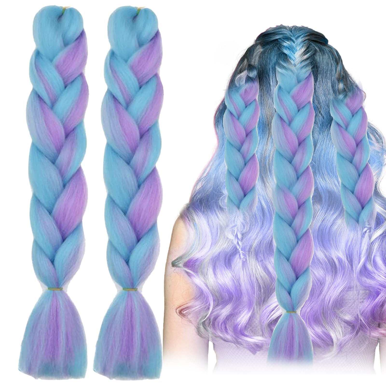 INBOLM 2Pcs Hair for Braiding,Synthetic Hair for Braiding,Coloured Hair Extensions,24 inch Blue Braiding Hair,for Women Crochet Twist Braids Ombre Braiding Hair(Purple-Light Blue)