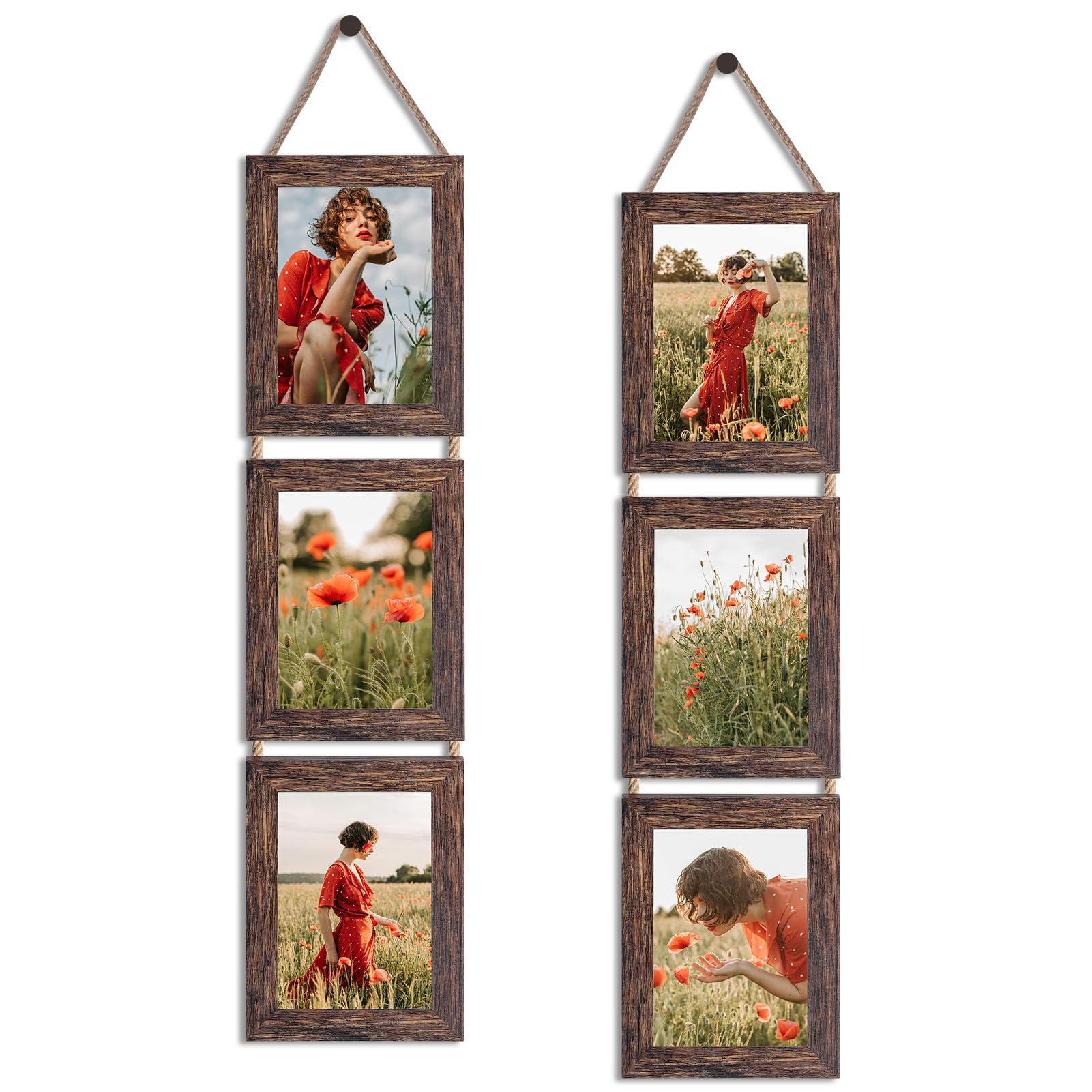 EYMPEU 2 Pack 7x5 Photo Frame with Twine, Triple Rustic Vertical 5x7 Picture Frames for Displaying Photos or Postcards, Wall Decoration, Vintage Brown