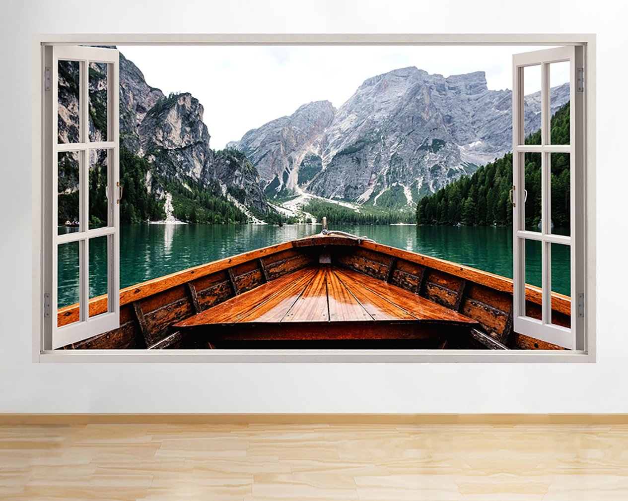 R889 Scenic Mountains Boat Nature Window Wall Decal 3D Art Stickers Vinyl RoomKids Bedroom Baby Nursery Cool Livingroom Hall Boys Girls