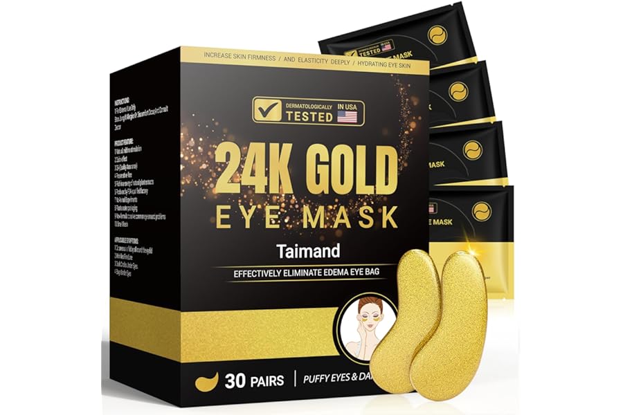Taimand Under Eye Patches (30 Pairs), 24K Gold Under Eye Mask for Puffy Eyes, Dark Circles,Bags and Wrinkles with Collagen,Relieves Pressure and Reduces Wrinkles,Revitalises and Refreshes Your Skin