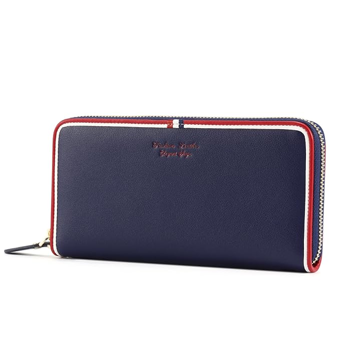 Kattee Damen Leder lange Geldbörse Clutches Mädchen Portemonnaie mit Reißverschluss(Blau)