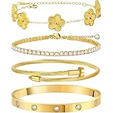 MOINSPIRE Gold Bracelets for Women, 18K Gold Plated Tennis Nail Clover love Bangle Bracelets Set Non Tarnish, Stainless Steel Trendy Stackable Bracelet Fashion Jewelry Accessories Gifts for Christmas