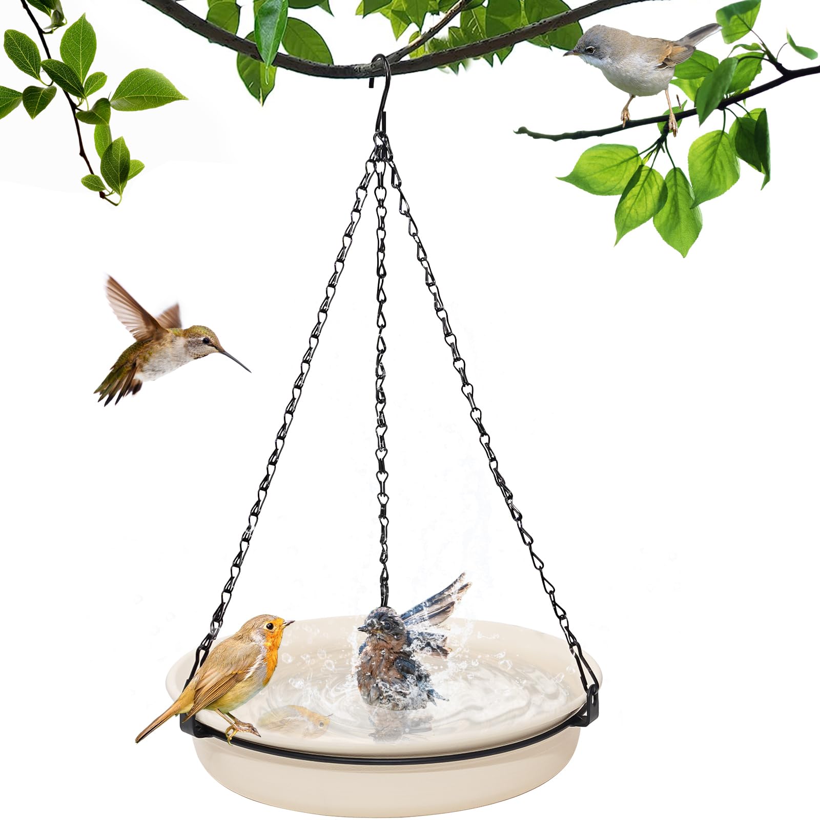 KHayRovies Hanging Bird Bath for Outdoors,Bird Feeders Hanging Station, Birdbaths Bowl with Hook and Chain for Garden Yard Patio Decoration (White)