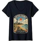 Women's Outer Banks North Carolina Vintage OBX Coastal Travel V-Neck T-Shirt