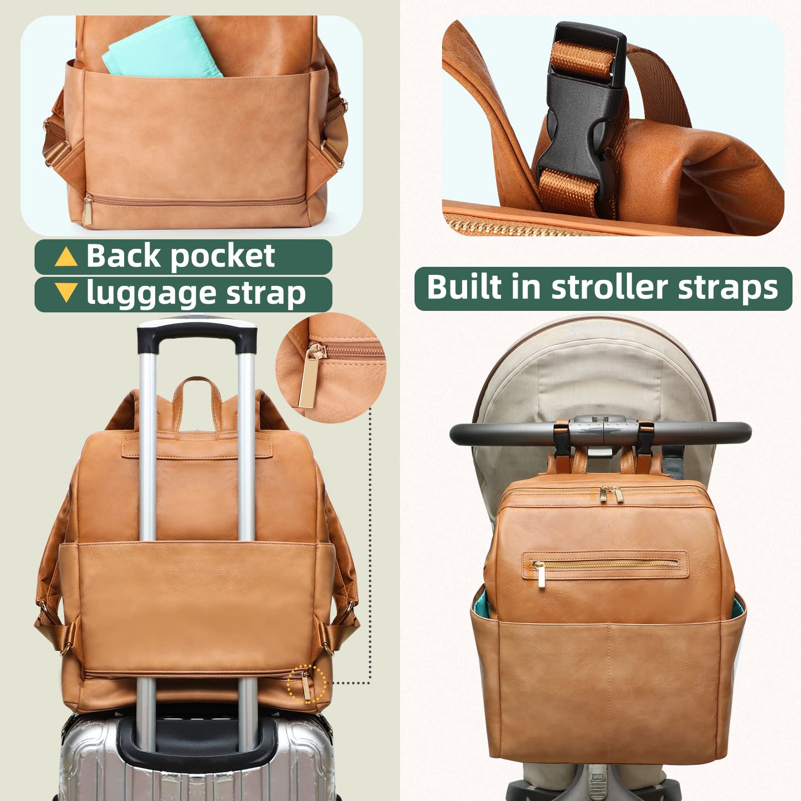 MOMINSIDE Diaper Bag Backpack, Baby Bag Leather with 16 Pockets, Large Baby Diaper bag for Mom, Fits 15 Inch Laptop, 4 Insulated Pockets, Changing Pad, Brown