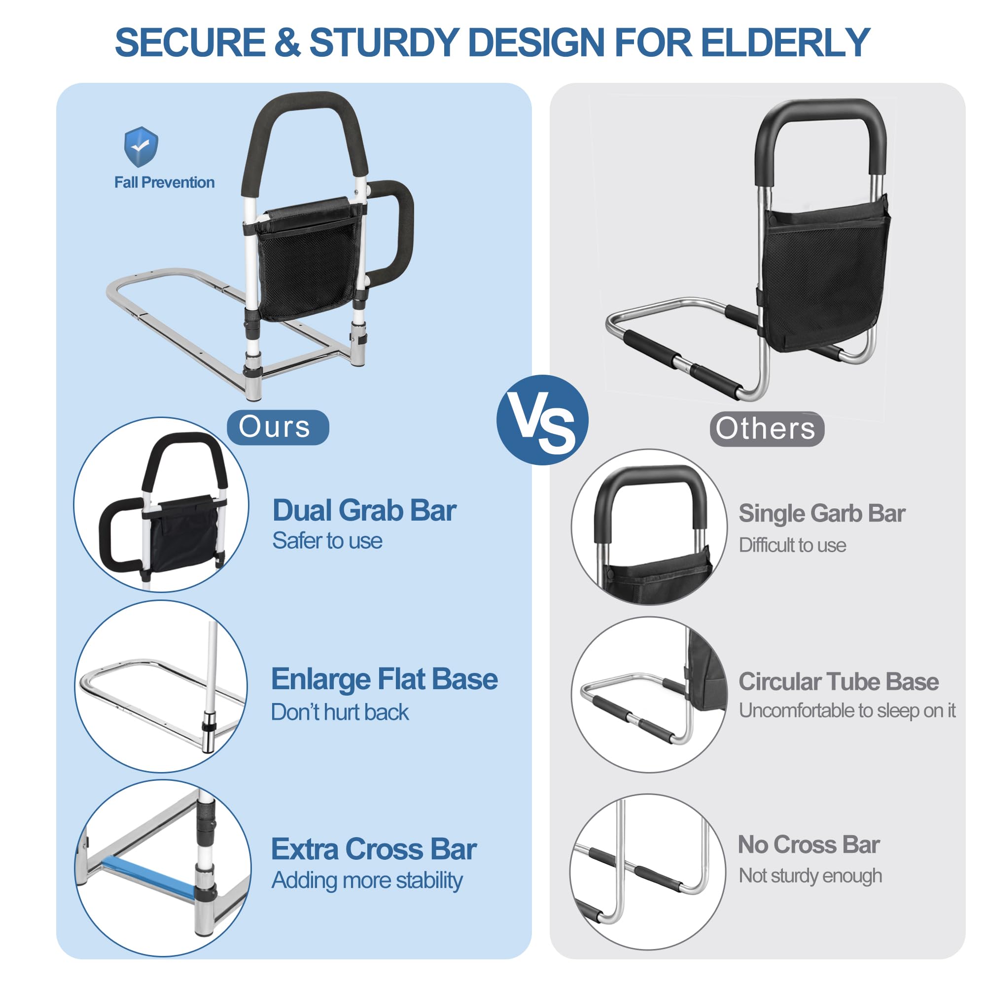 HEPO Bed Rails for Elderly Adults Safety with Storage Pocket, Assist Rail with Dual Grab Bars for Easily Getting in & Out of Bed, Bed Rail Fits King, Queen, Full, Twin Bed,Support Up to 300lbs