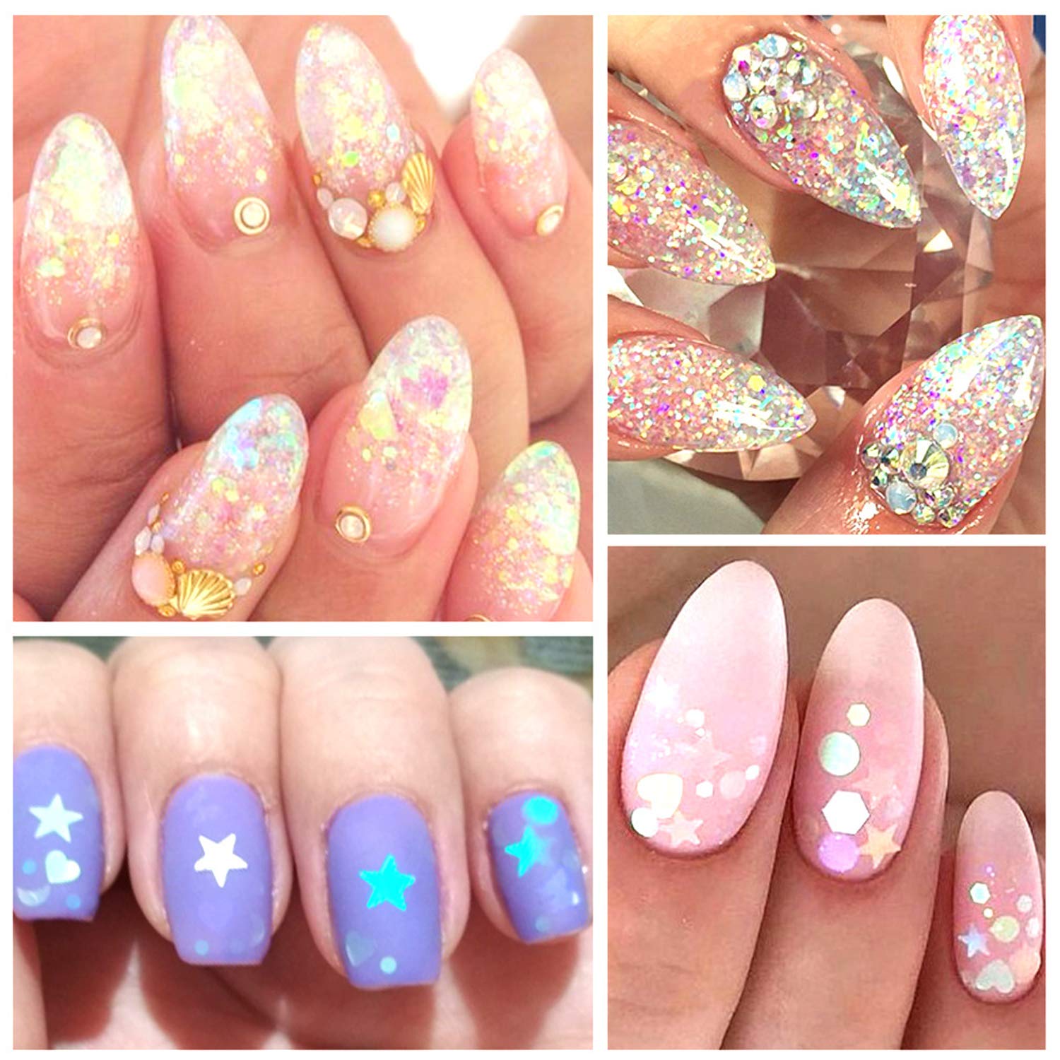 Tingbeauty 2Boxes 24Colors Holographic Nail Iridescent Sequins Colorful Flakes Nail Art Sticker Glitter DIY Decals Decoration for Face Body Eyes: Arts, Crafts & Sewing