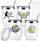 Mifoci 4 Pcs Tennis Tumbler Gifts Bulk Tennis Lovers Wine Tumbler Cups 12 oz Insulated Stainless Steel Wine Glass with Straw and Lid Travel Coffee Mug for Women Men Partners Players