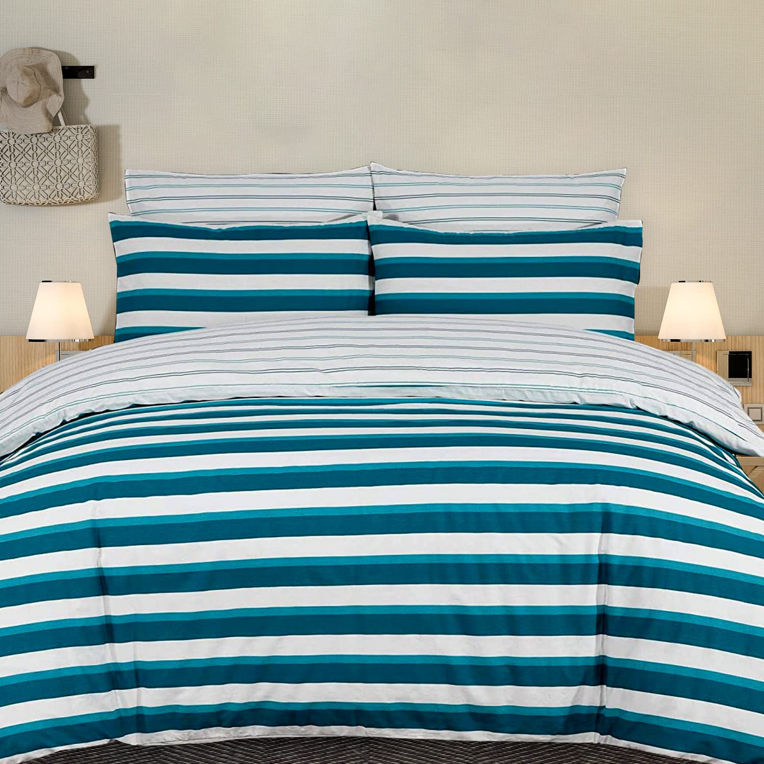 DTEX HOMES King Size Duvet Cover Sets 100% Pure Cotton Reversible Printed Hotel Quality Duvet Cover Ultra Soft Easy Care bedding sets king size Super Soft and Luxury Duvet Cover Sets (Stripes Teal)