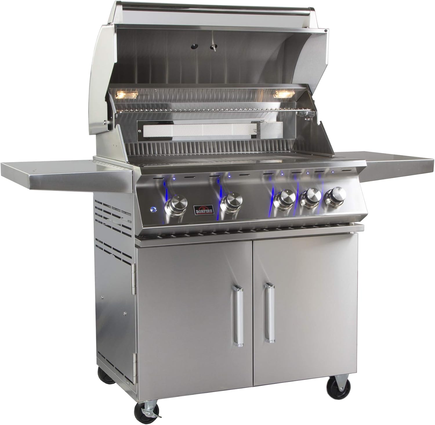 review Bonfire CBF4DD Bonfire 4 34 Inch 4 Burner 72000 BTU Propane Gas Grill with Cabinet Cart & Infrared Rotisserie, Stainless Steel