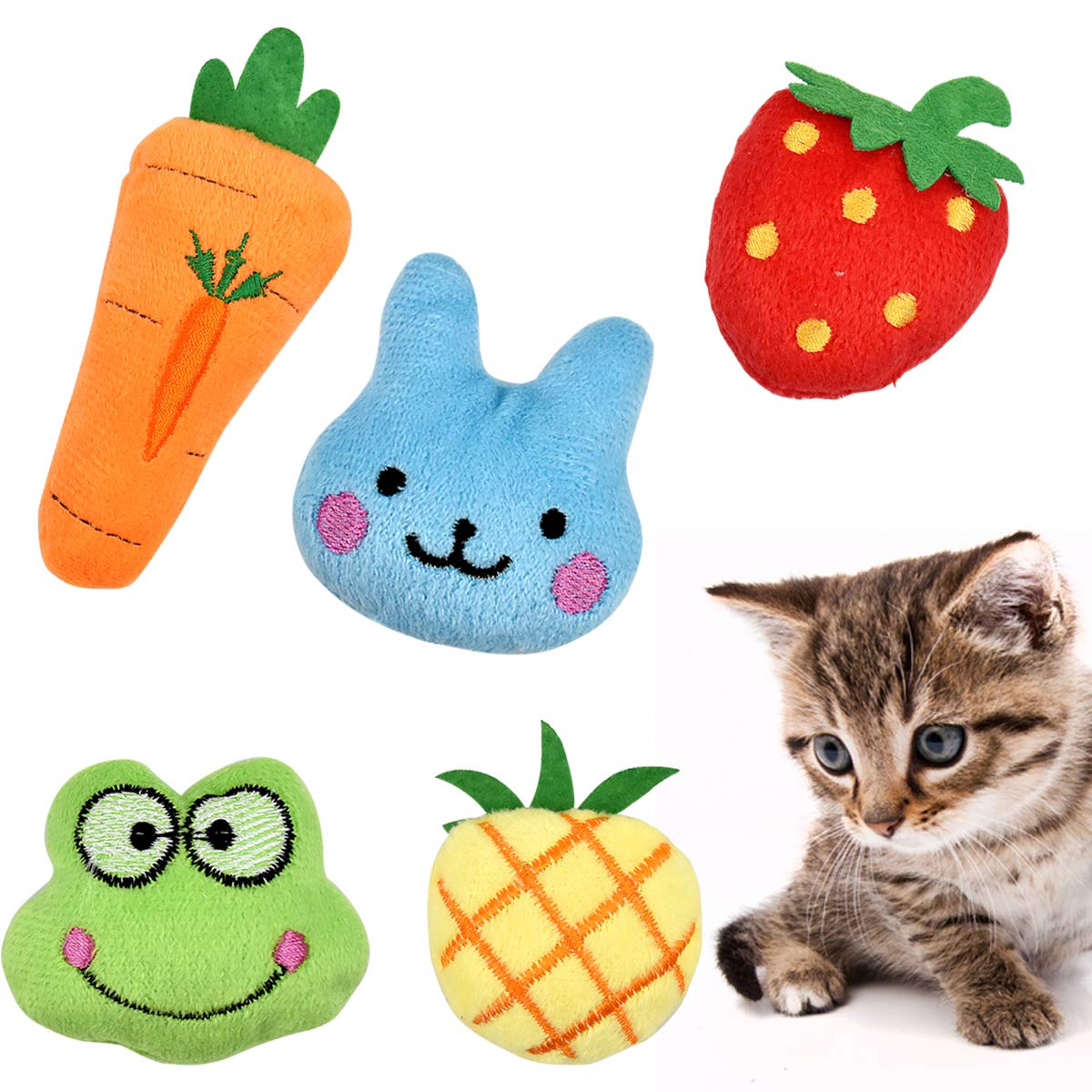 Fodlon Catnip Toys - 5pcs Interactive Cat Toys, Soft Plush Cat Pillows for Teeth Cleaning, Playing & Chewing - Strawberry/Frog/Rabbit/Pineapple