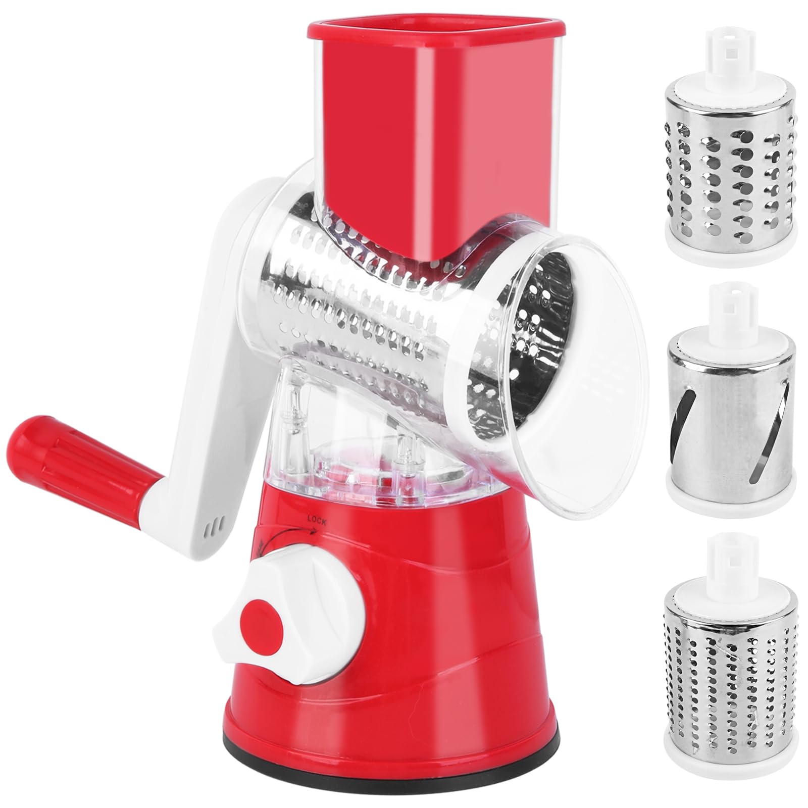 Iceten 3 in 1 Rotary Cheese Grater and Vegetable Slicer with 3 Stainless Steel Rotating Blades, Multifunctional Manual Cutter/Shredder-Strong Suction Base (Red)